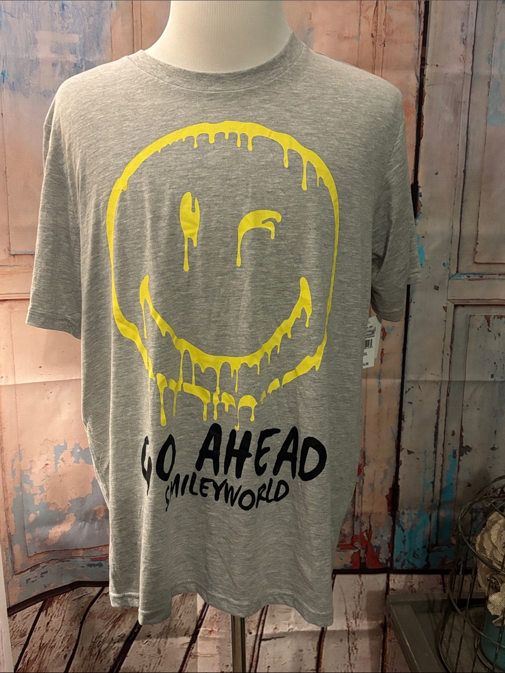 "Go Ahead" Smiley World Graphic T-Shirt - Grey with Yellow Print -skater/punk